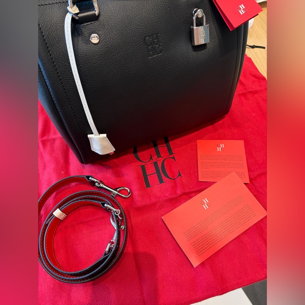 New Authentic Carolina Herrera CH Embossed two tone Genuine Leather Boston Bag - Picture 16 of 17